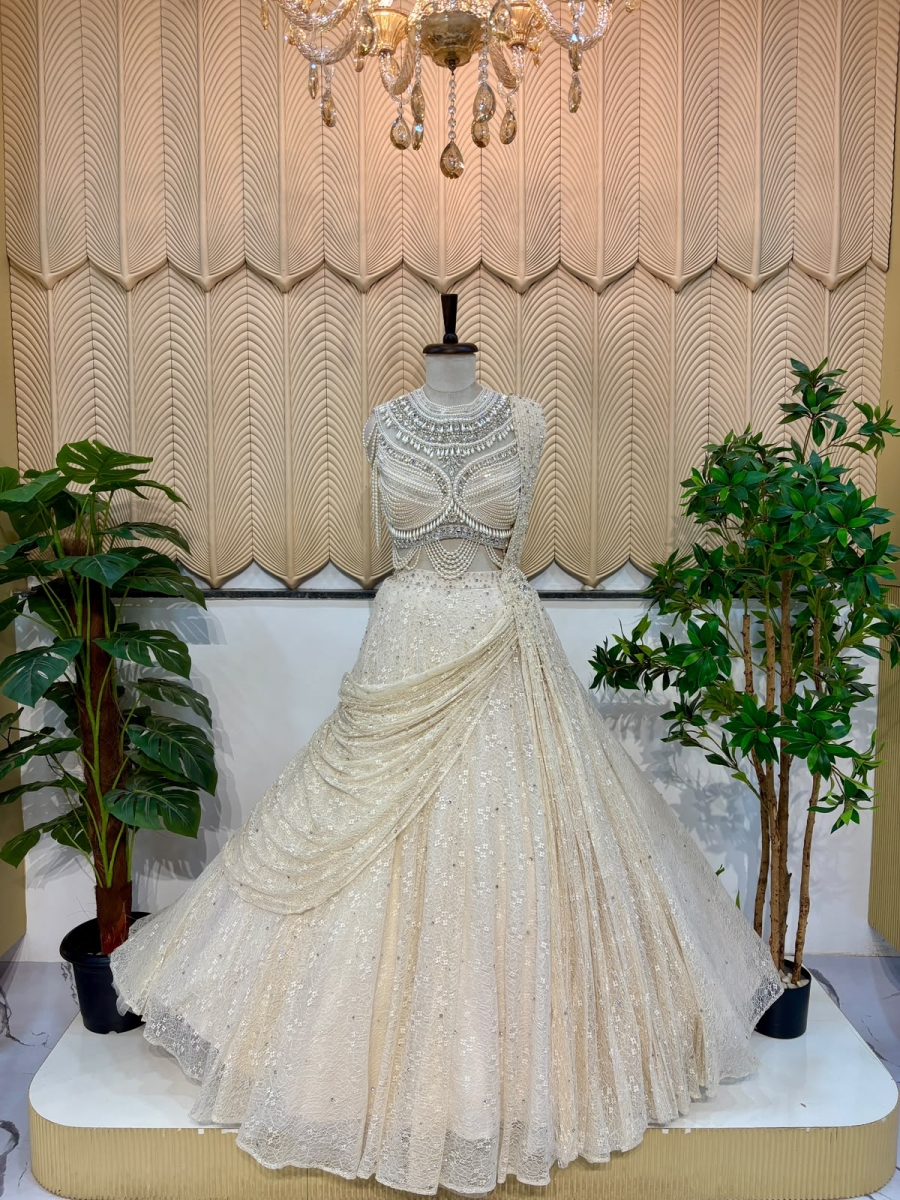 White Moti Work lehenga