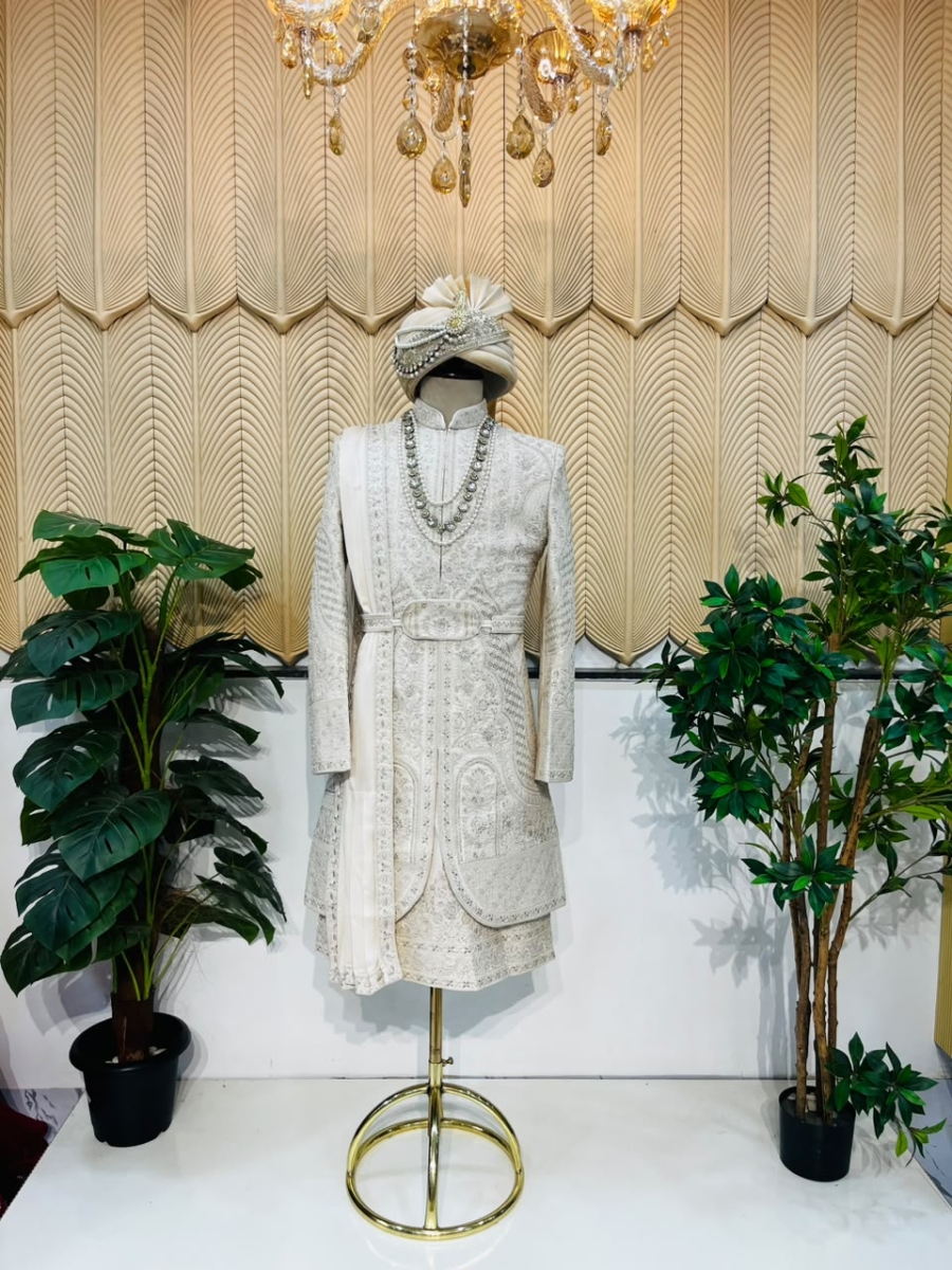Ivory handwork layer sherwani 44