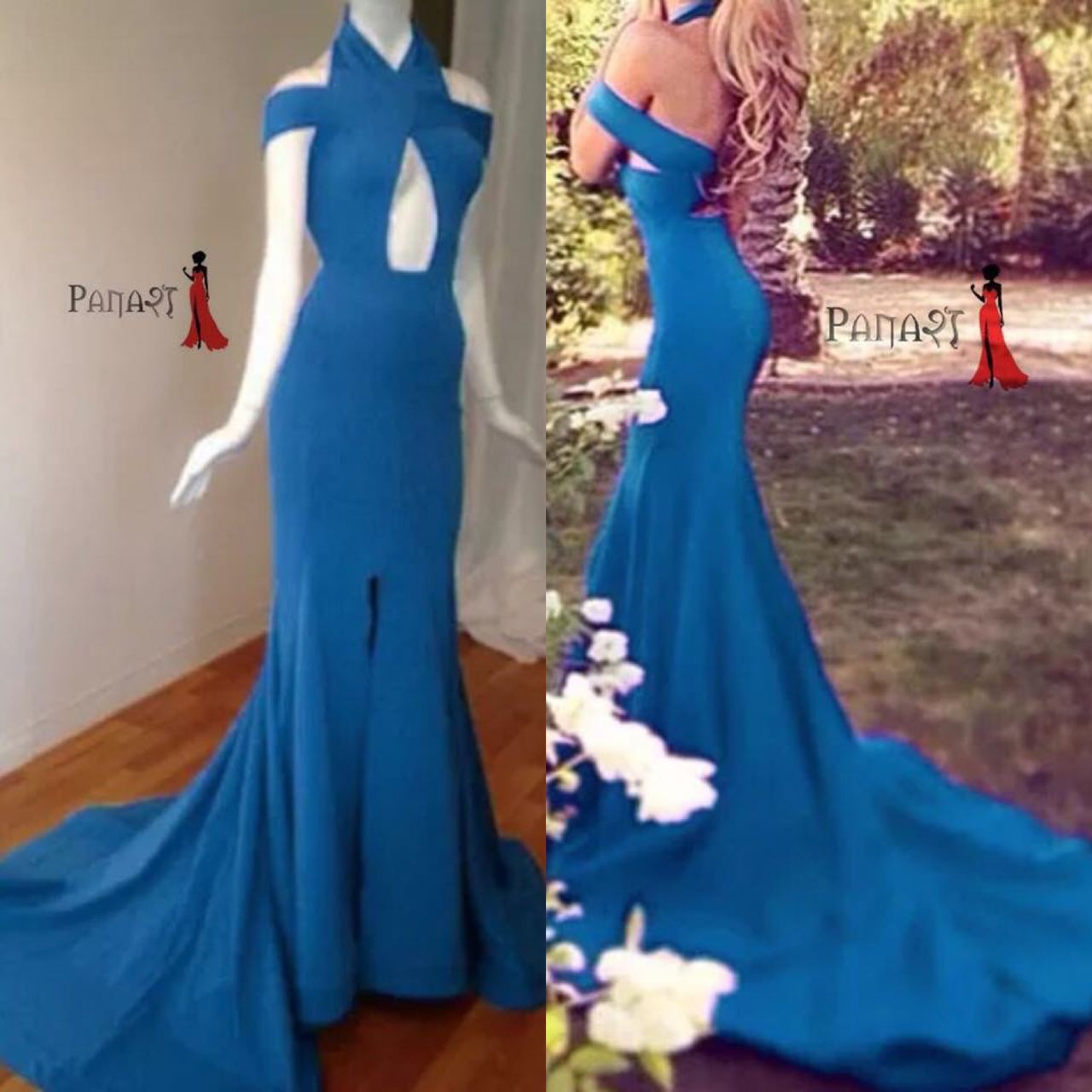 Blue Long Trail Multiway Neck Gown