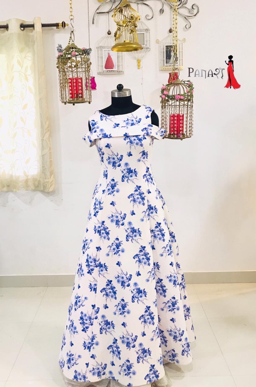 White Blue Floral Gown
