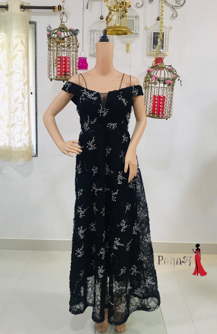 Black Off Shoulder With White Flowers Gown