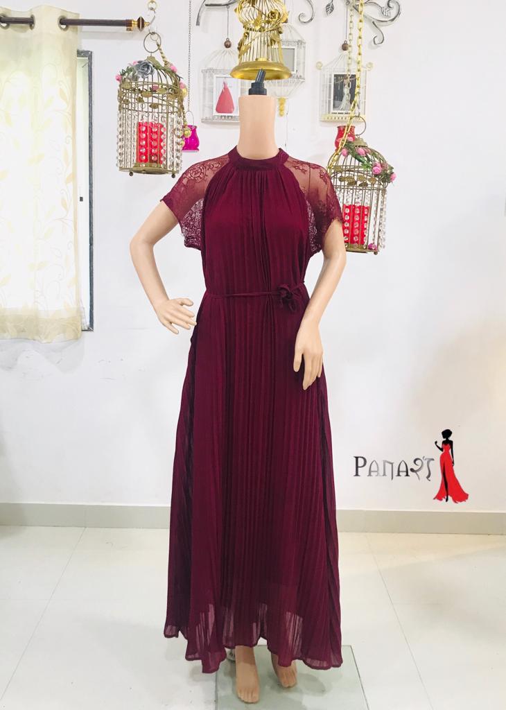 Maroon Netted Long Sleeves Gown