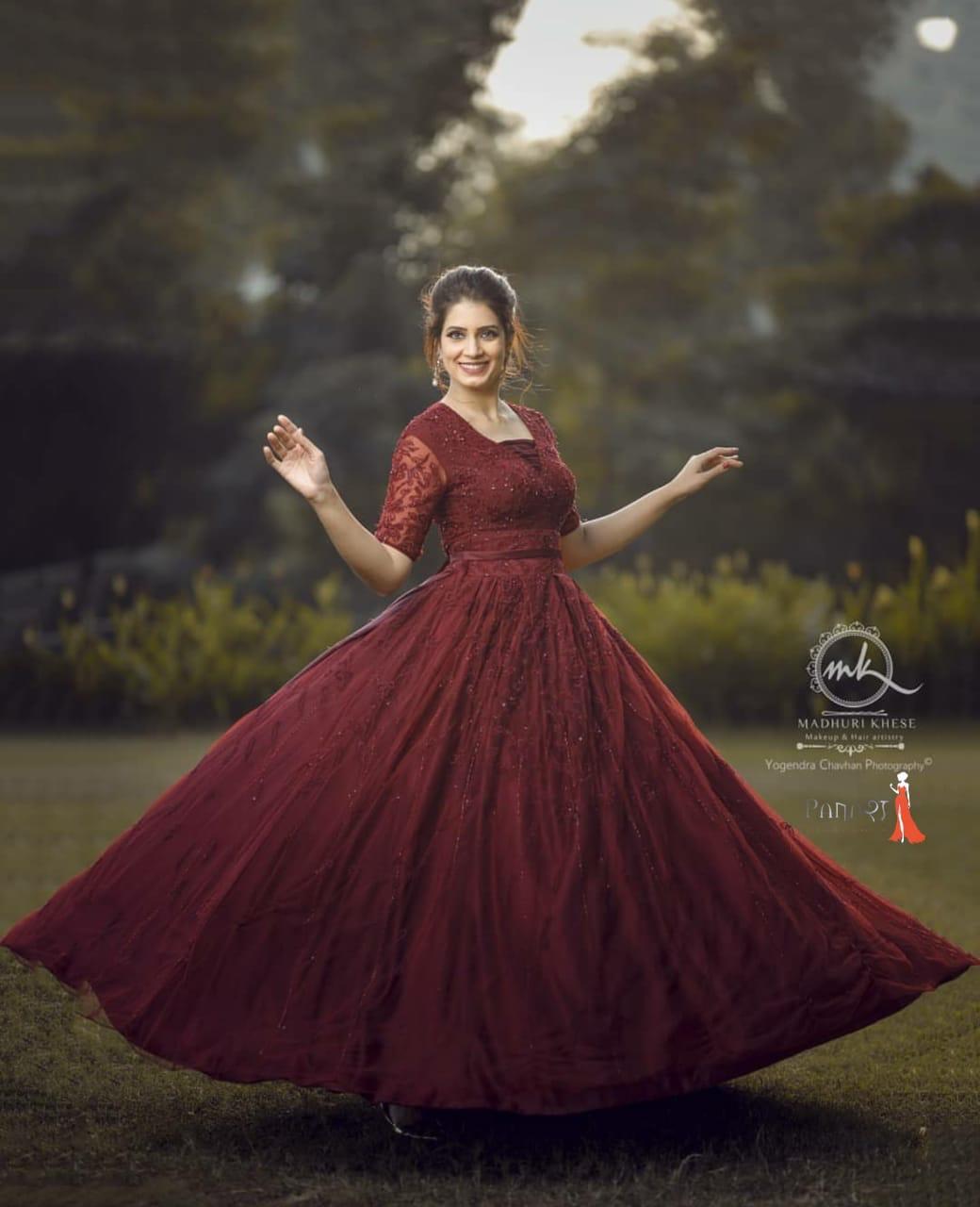 Maroon 3/4 Sleeves Ball Gown