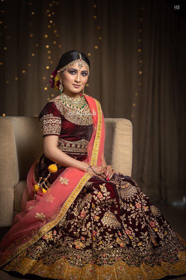 Maroon And Yellow Bridal  Lehenga