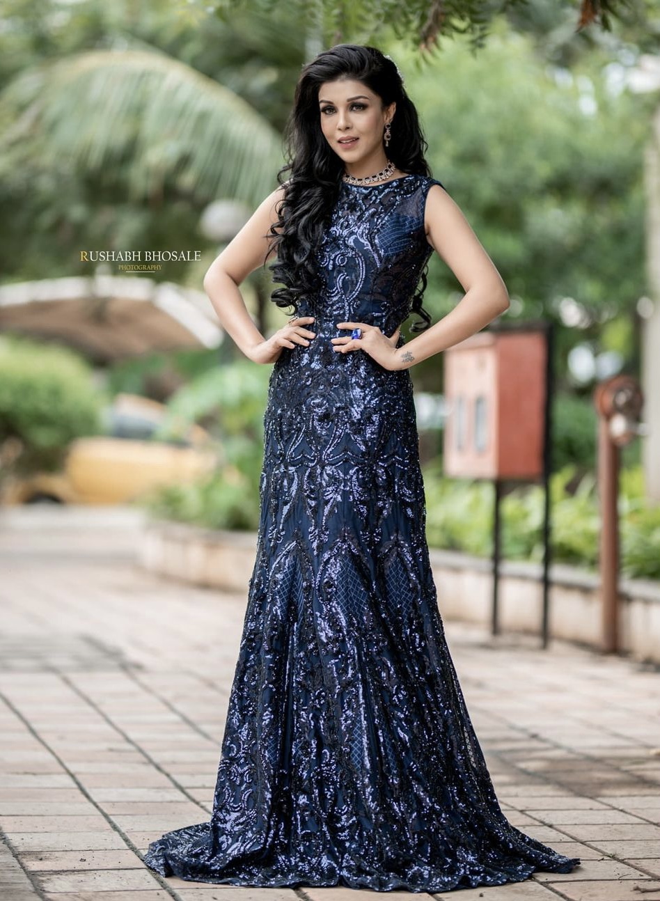 Fish Cut blue long  Sequin Gown