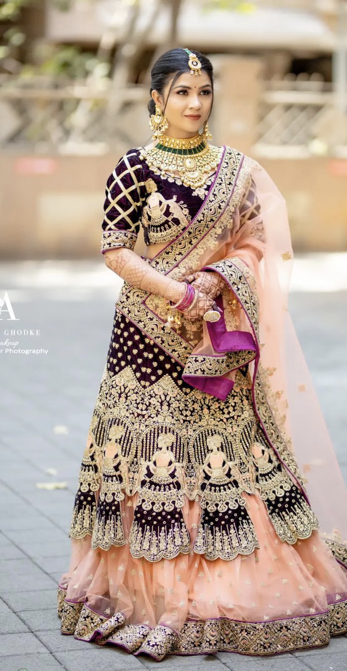 Maroon and Peach Doll Bridal Lehengas
