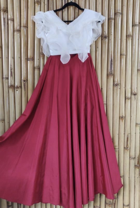 Marron skirt And White Ruffle Blouse 