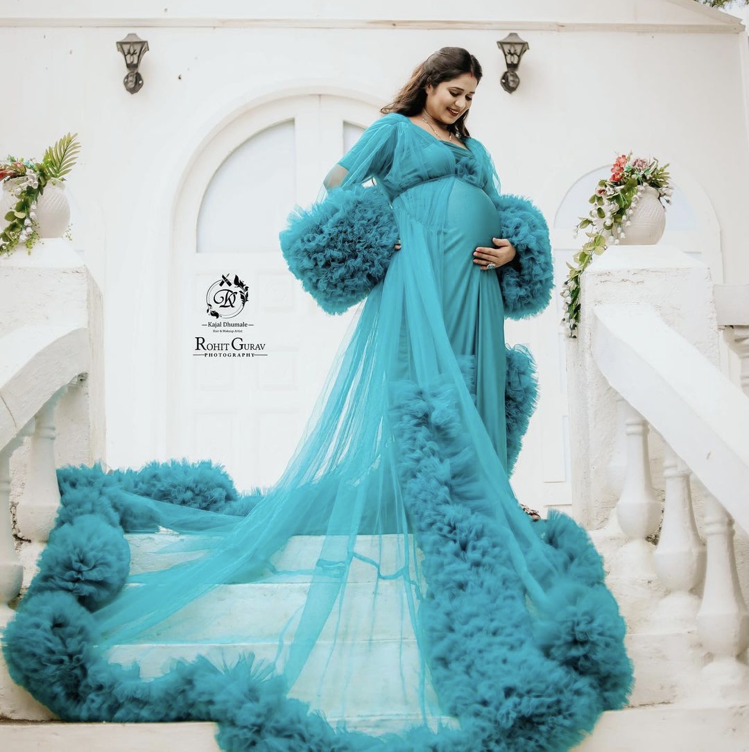 Peocock Green  Ruffle maternity Gown 