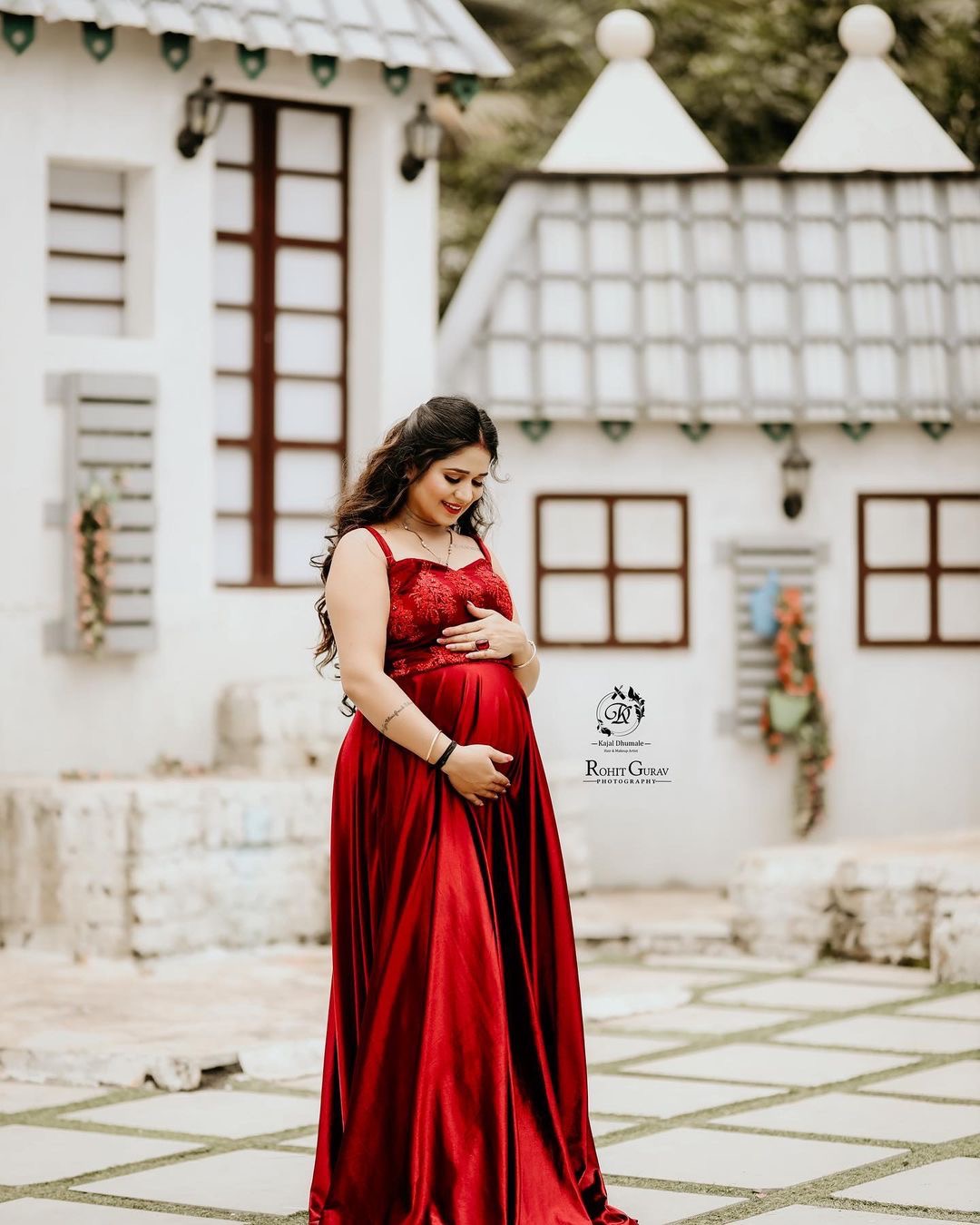 Maroon cape maternity gown 