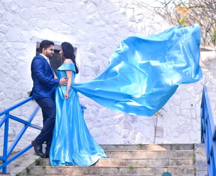 sky blue trail gown