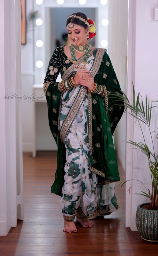White And Green Nauvari Saree