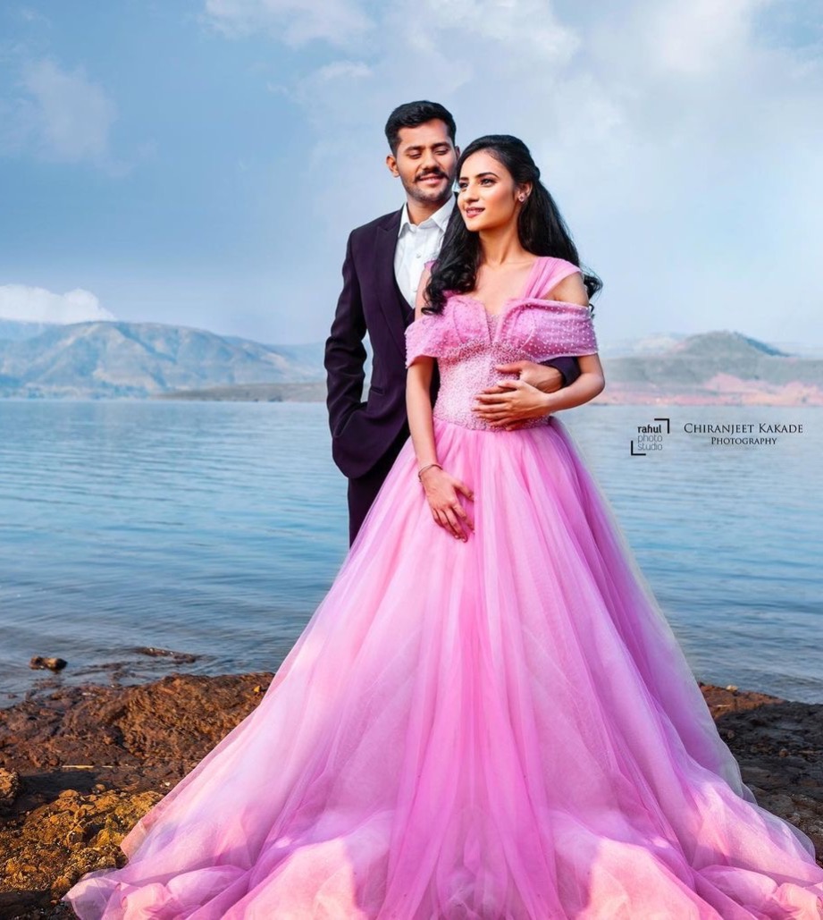 Pink Ball Gown with Net Shoulder 