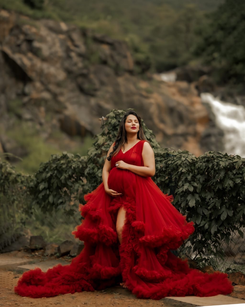 Brown ruffle trail gown 
