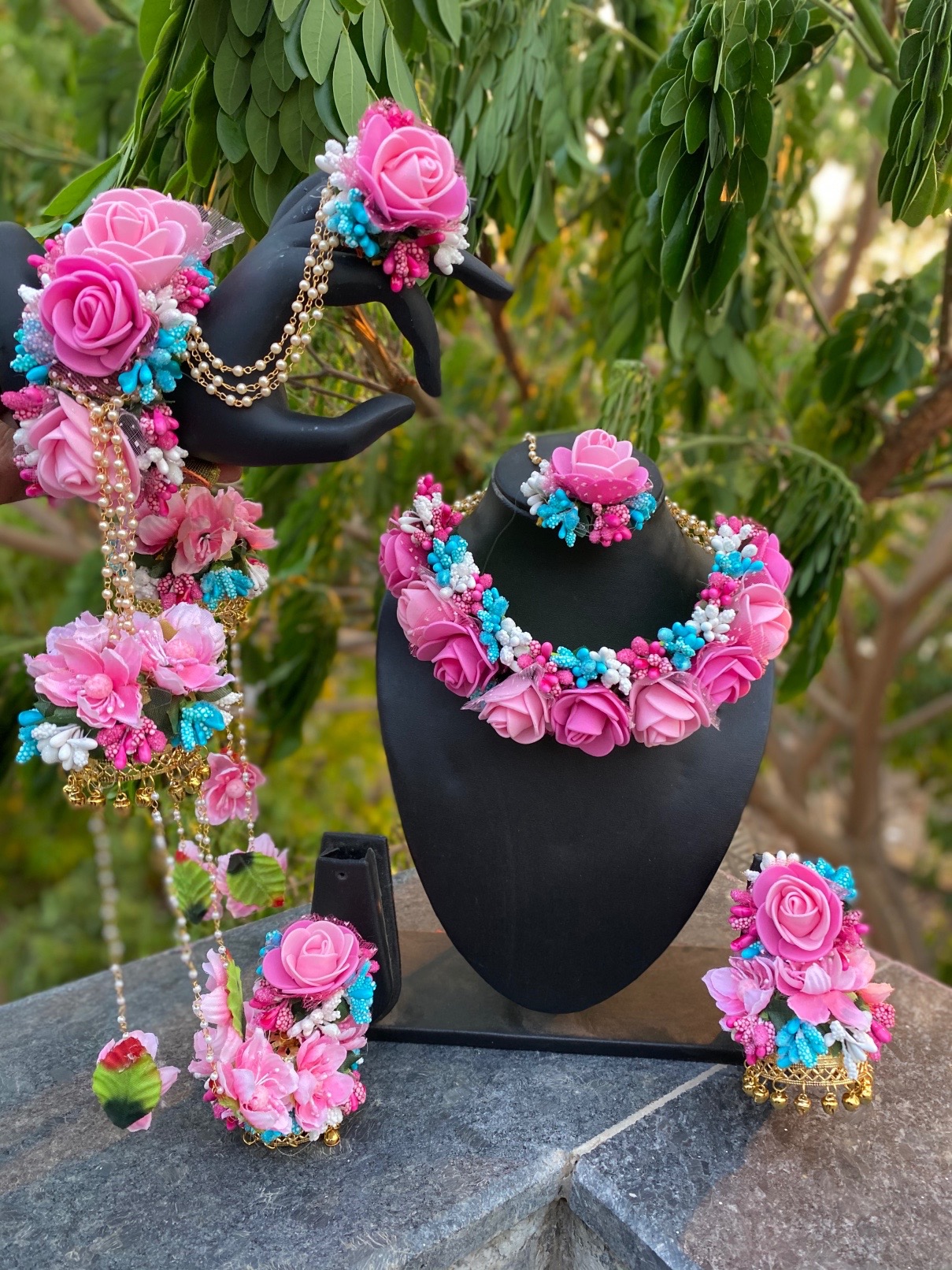 Blue and Pink  Hand Flower jewll