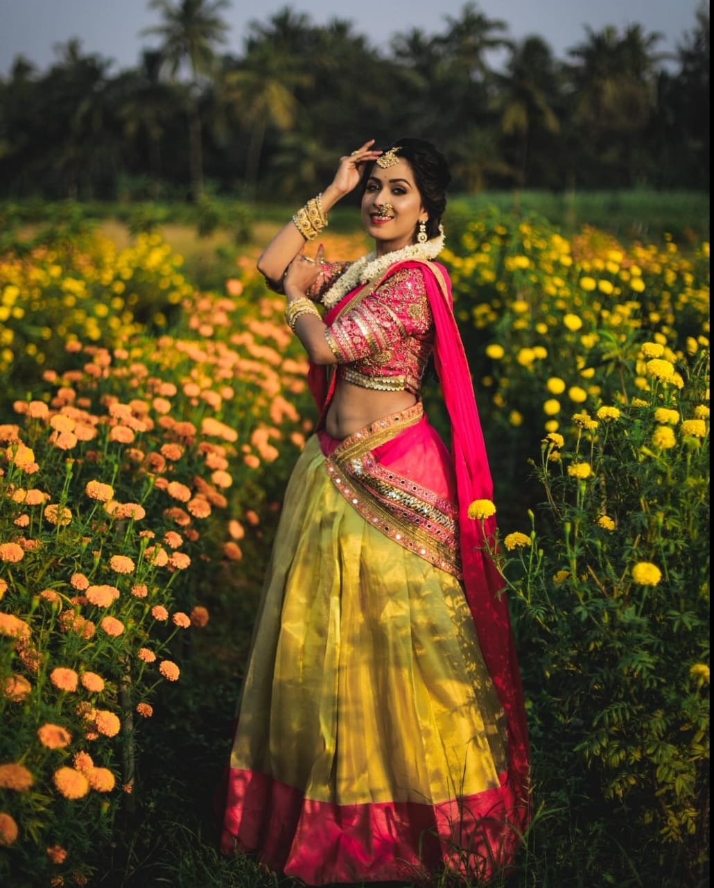 Golden South Indian Lehenga +pink bls 