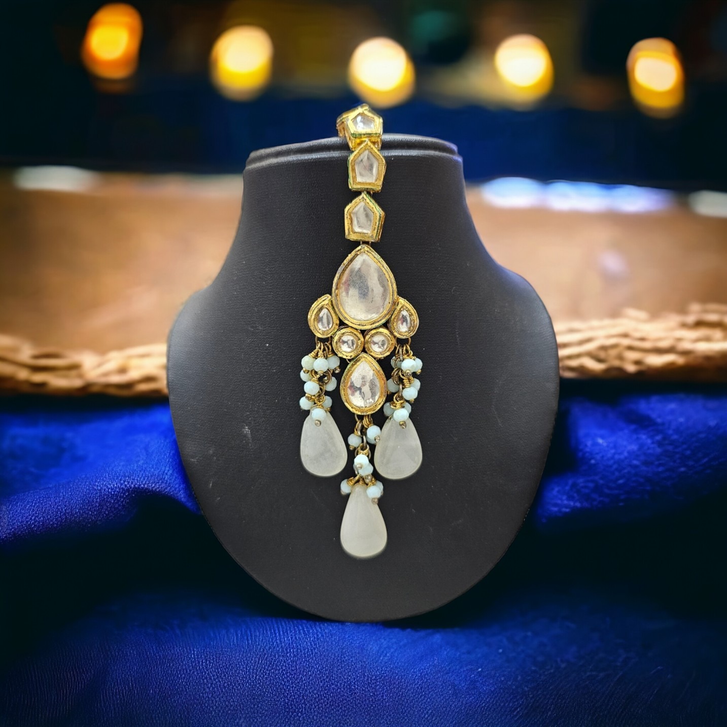 Sky blue kundan beads bindi 