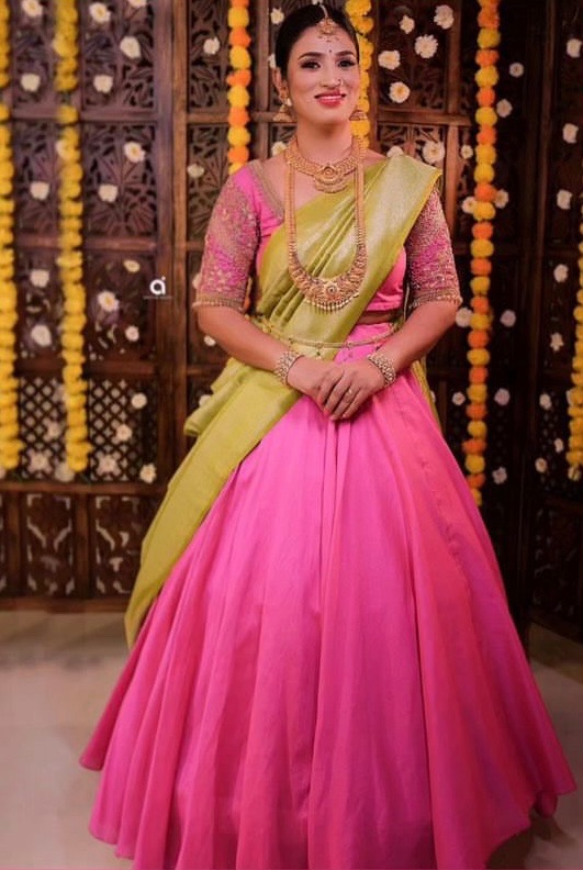 Pink skirt + green south indian saree 