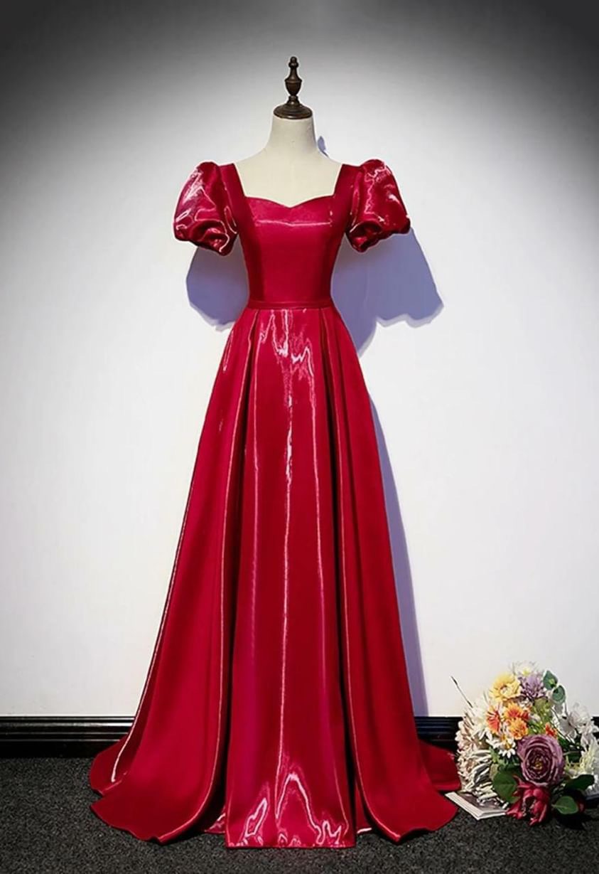 Red new satin puff sleeves gown