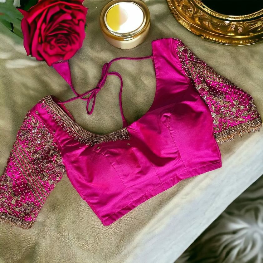 pink aari work blouse