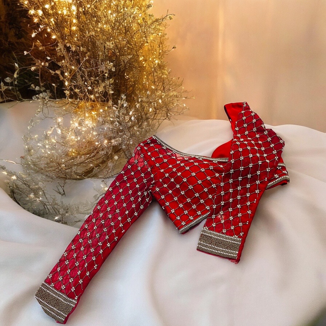 Red full sleves Moti work blouse 