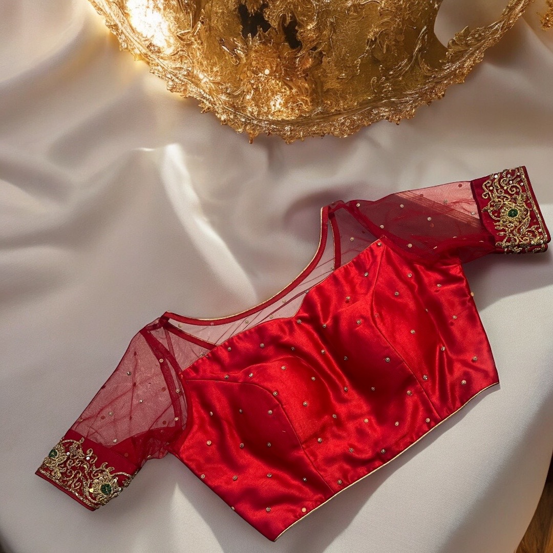 Red net  neck and sleves blouse 