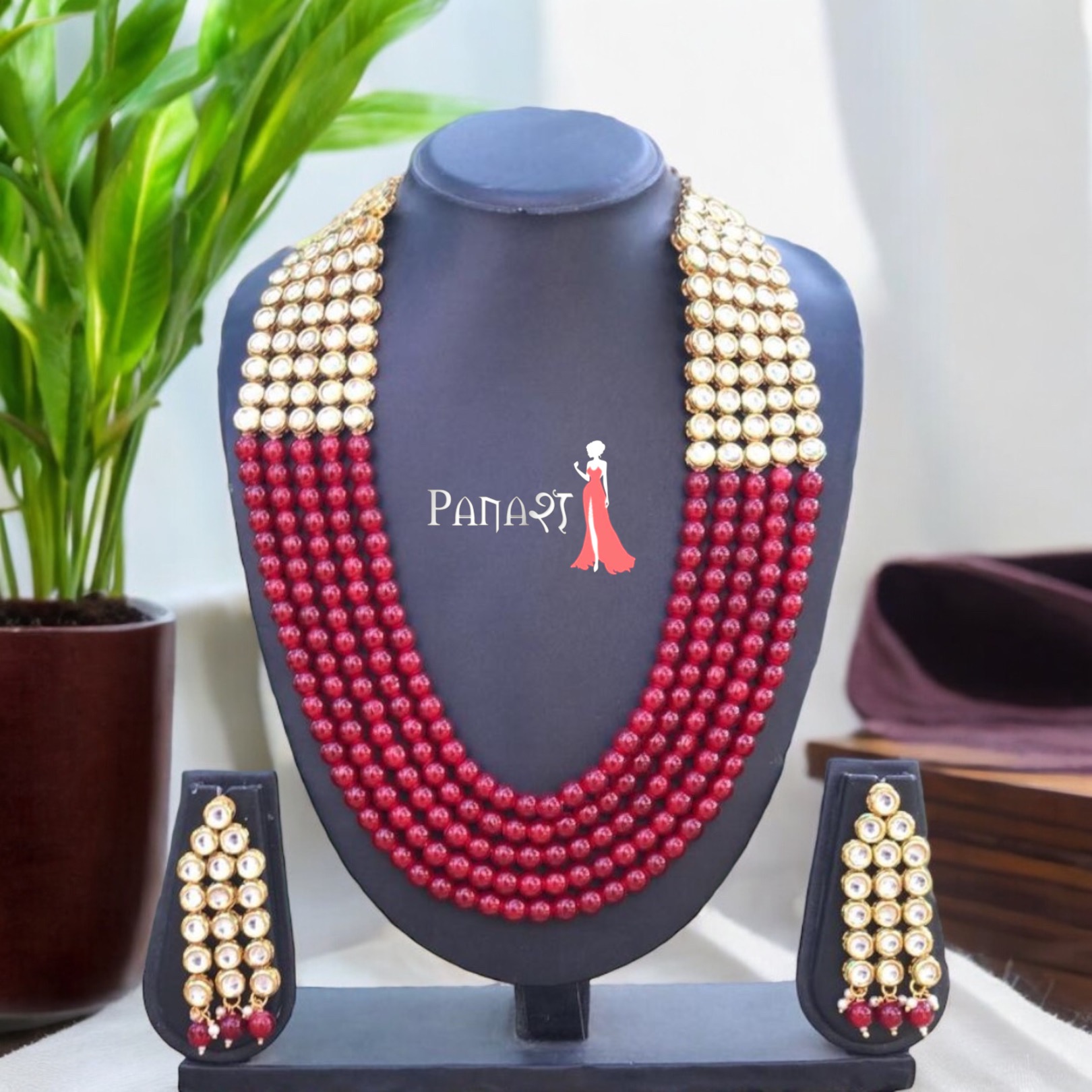 Long layered  Red Kundan Set