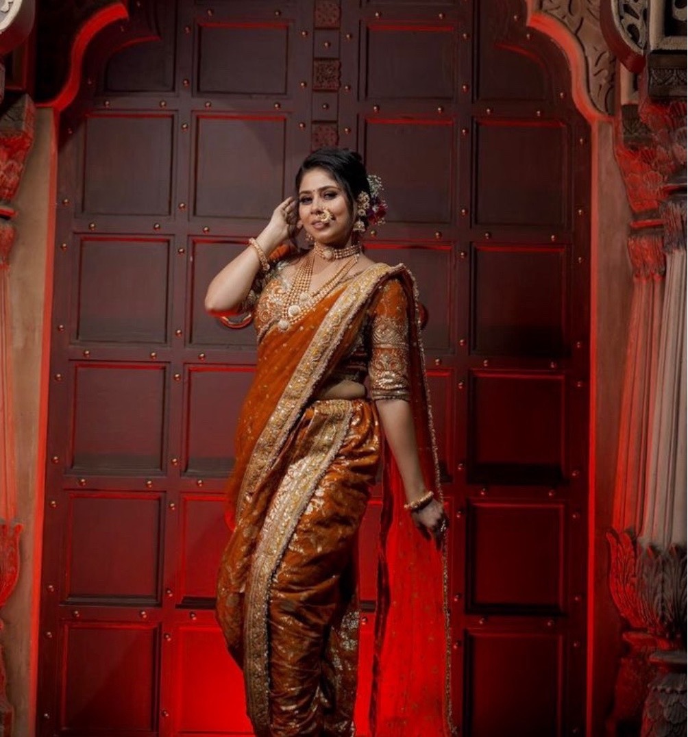 Mustard yellow nauvari saree
