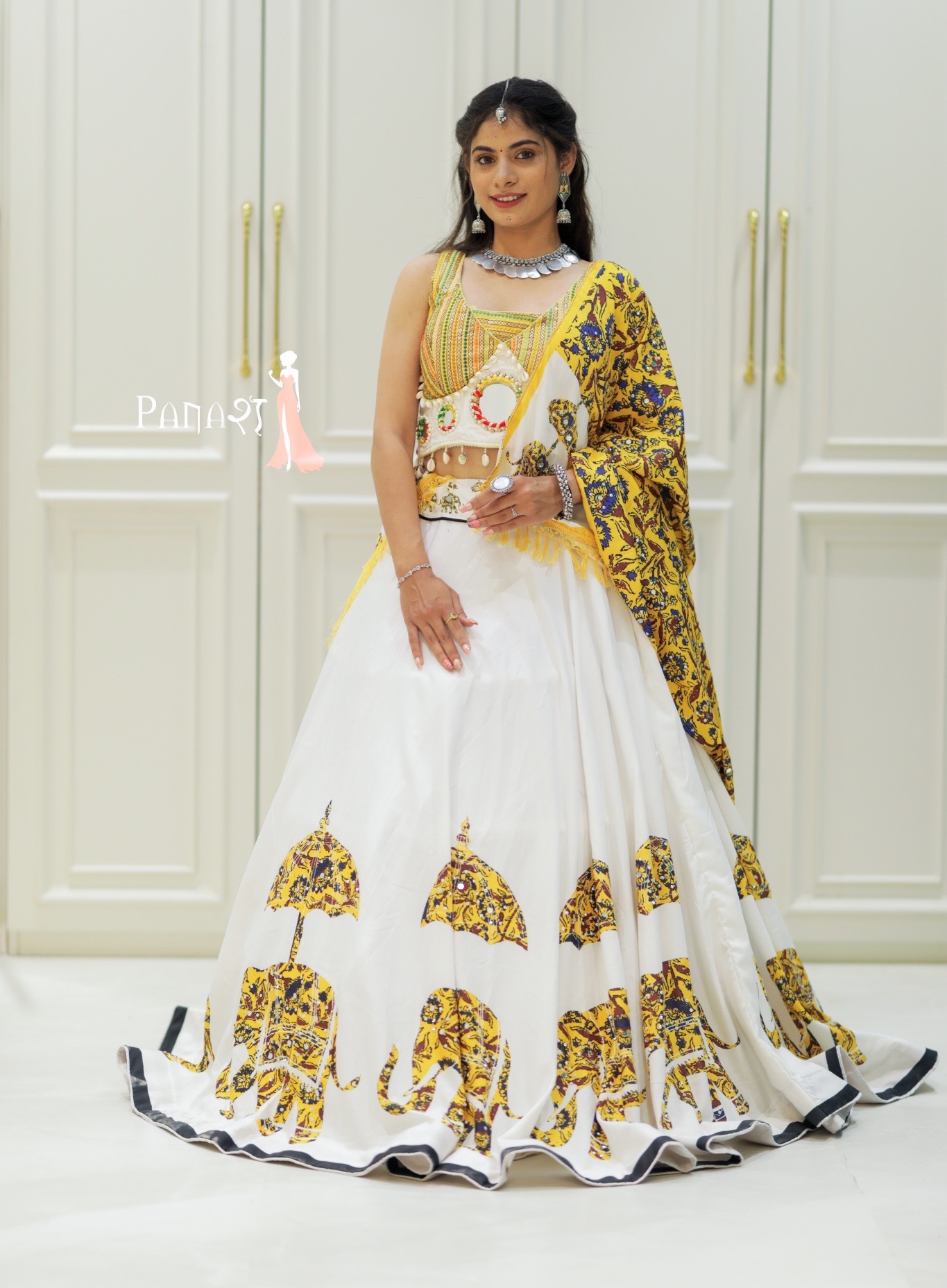 White & Yellow Navratri lehenga 