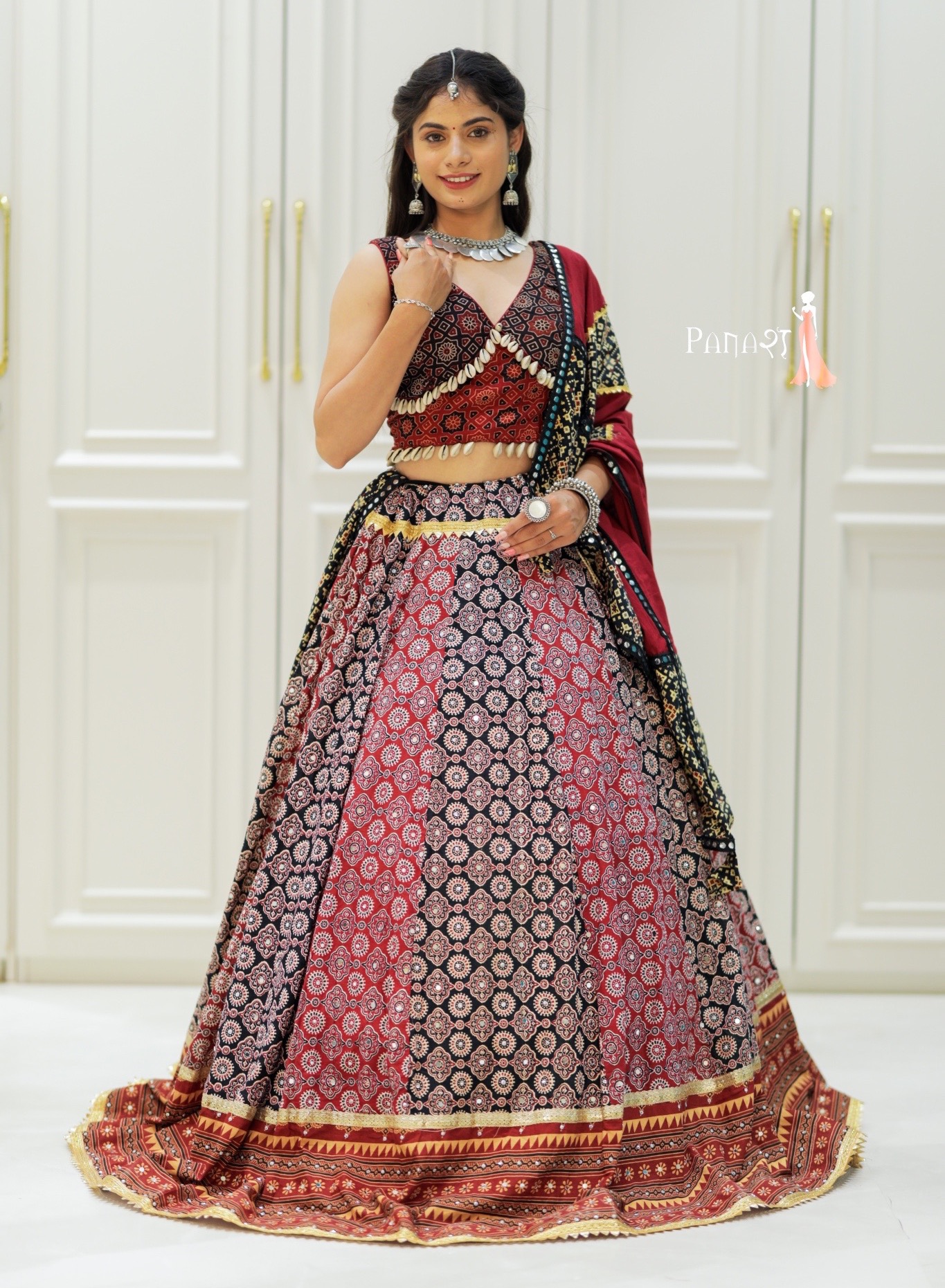 Red aajrak navratri lehenga 