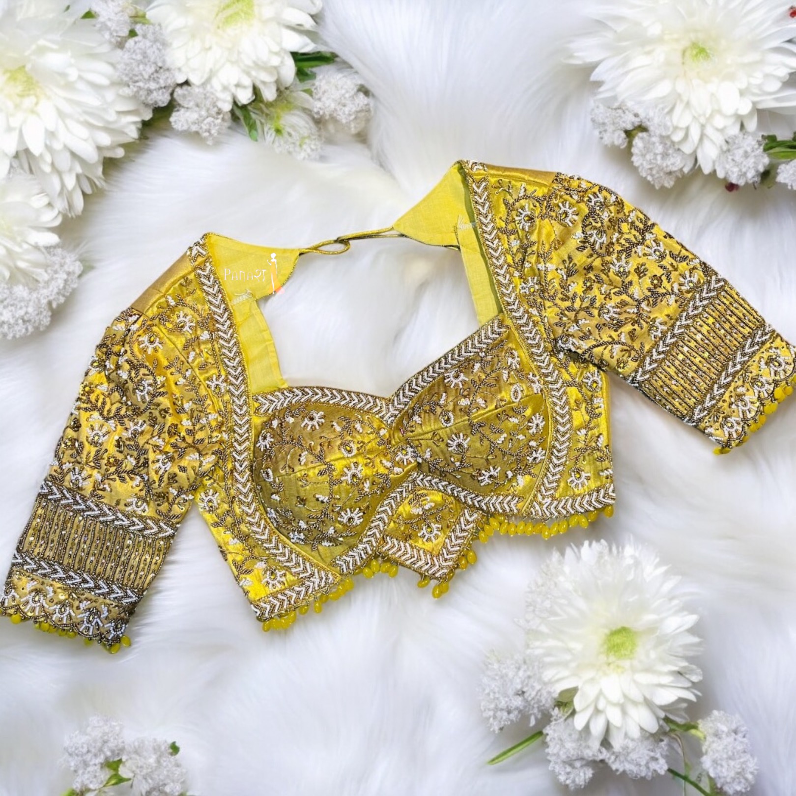 Golden White moti Aari work blouse