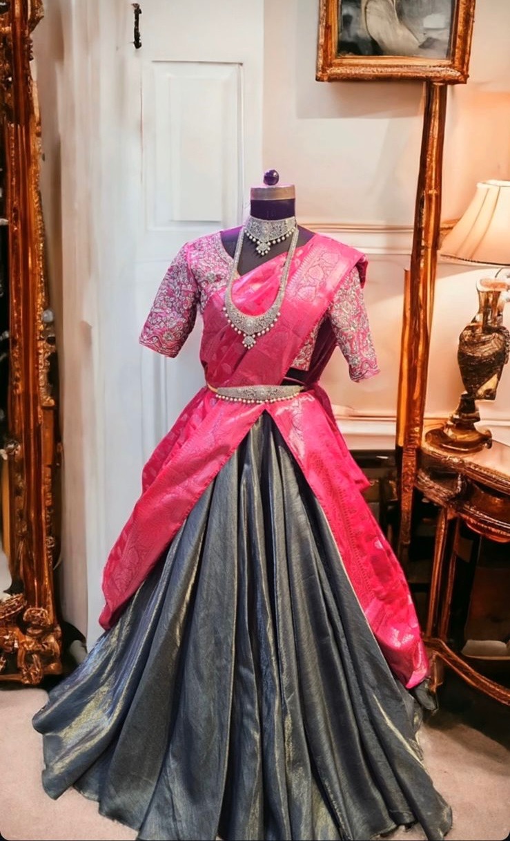 Pink and Grey South Indian lehenga 