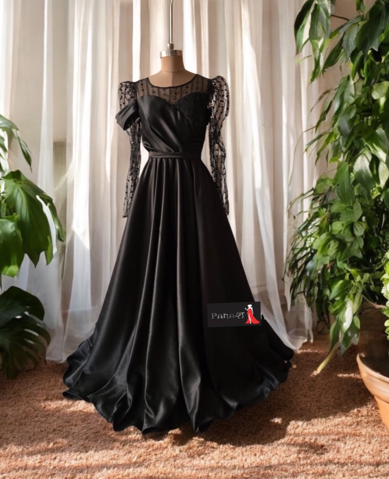 Black Full Sleeves Satin Trail gown