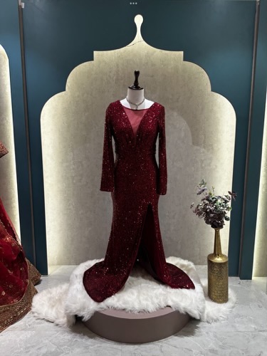 Maroon full sleeves sequins bodycone gown