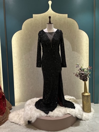 Black full sleevs sequins bodycone gown