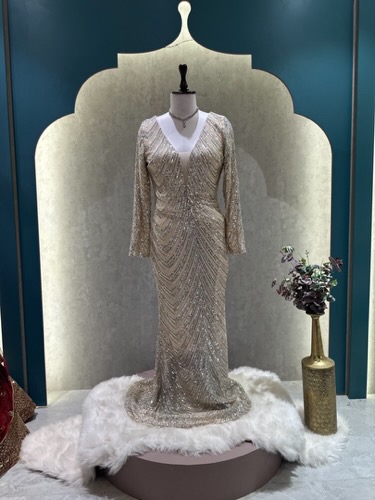Cream full sleeves bodycone gown