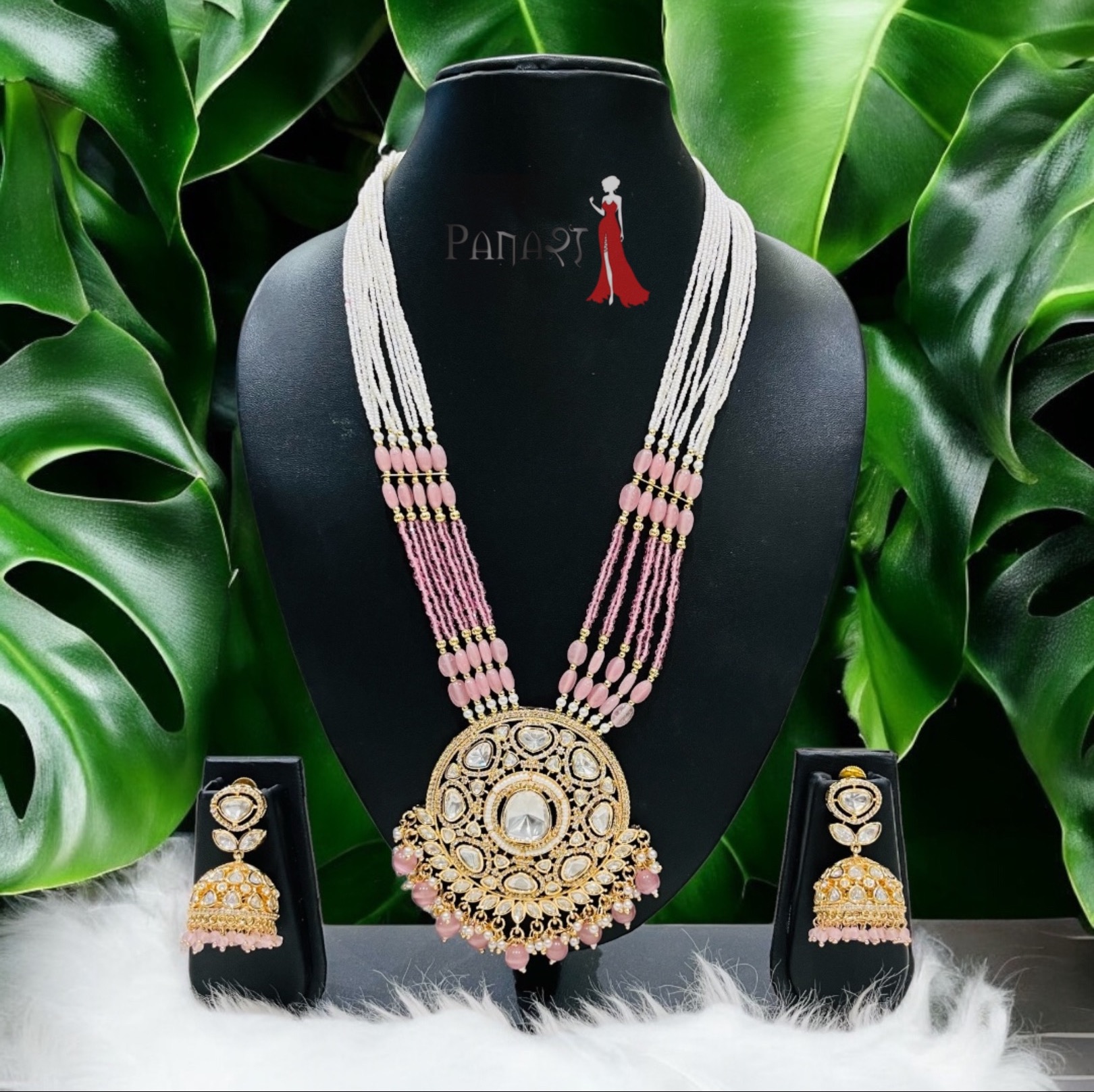 pink kundan long set 