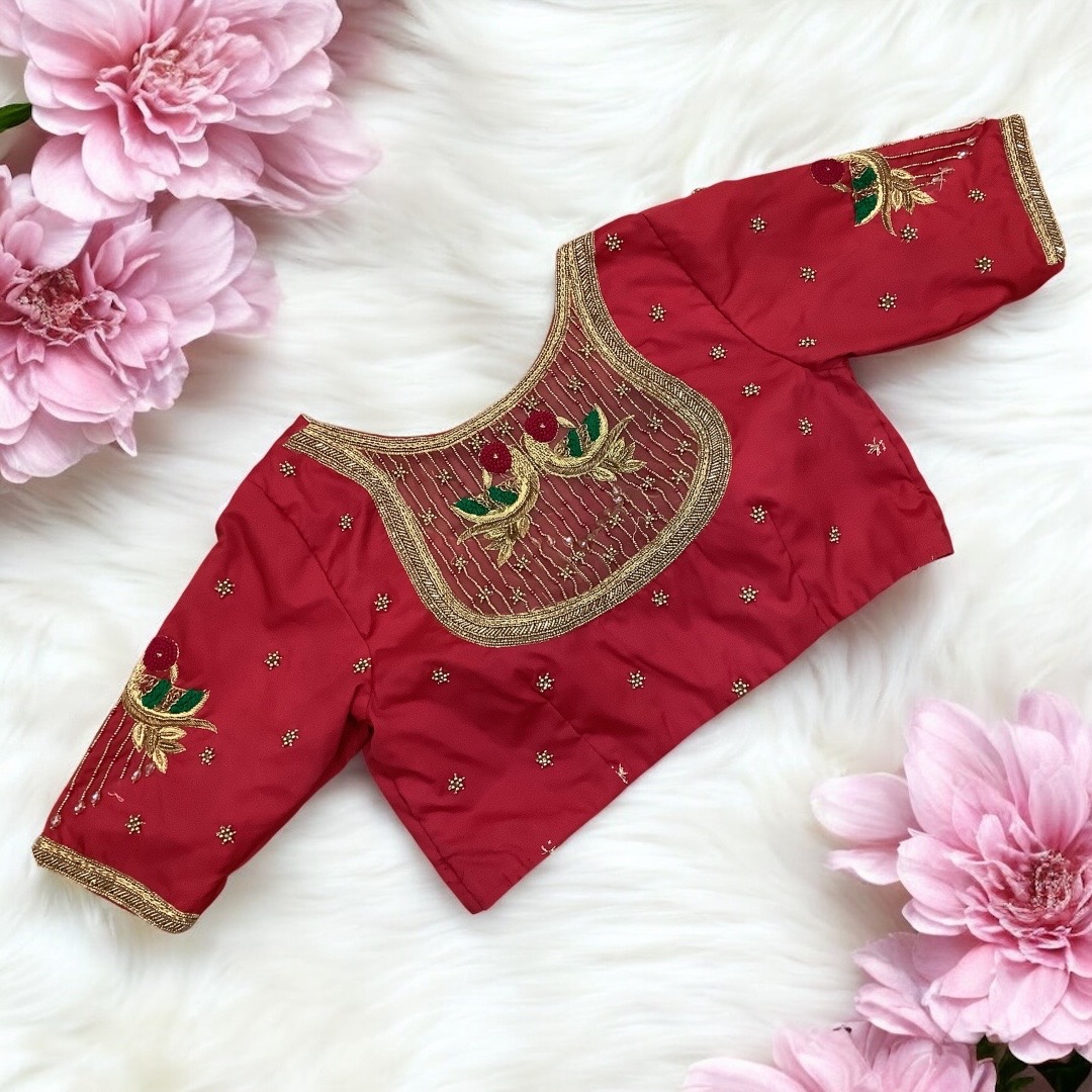 Red pecock aari work blouse