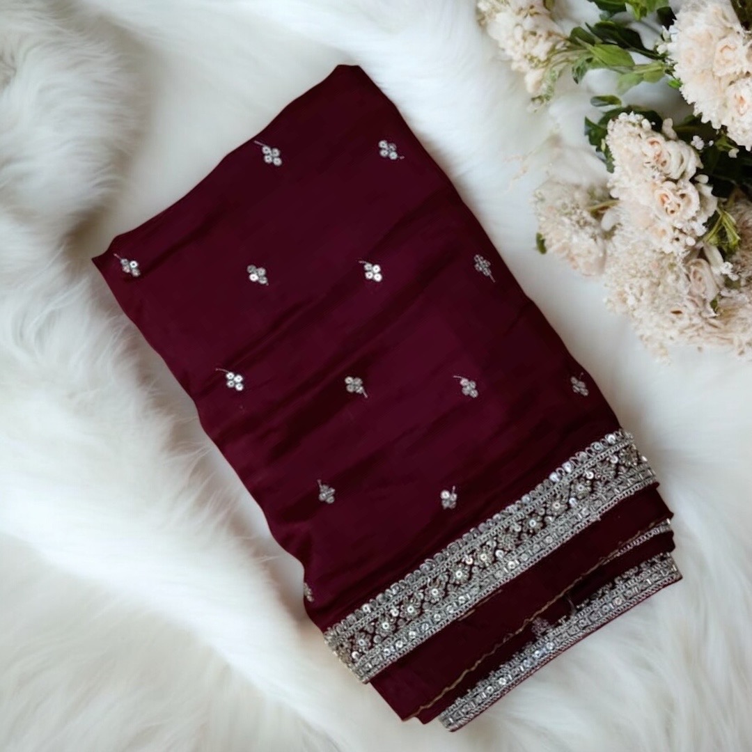 Maroon tissue work  velvet shela 