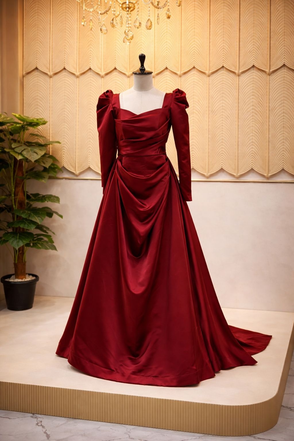 Maroon full sleves trail gown 