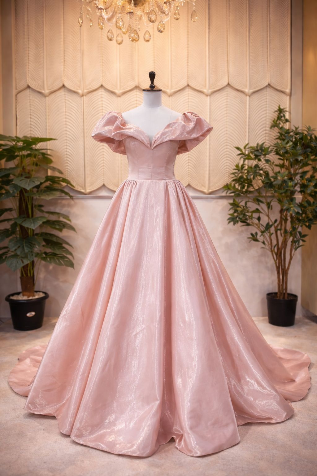 Peach pink off shoulder gown 