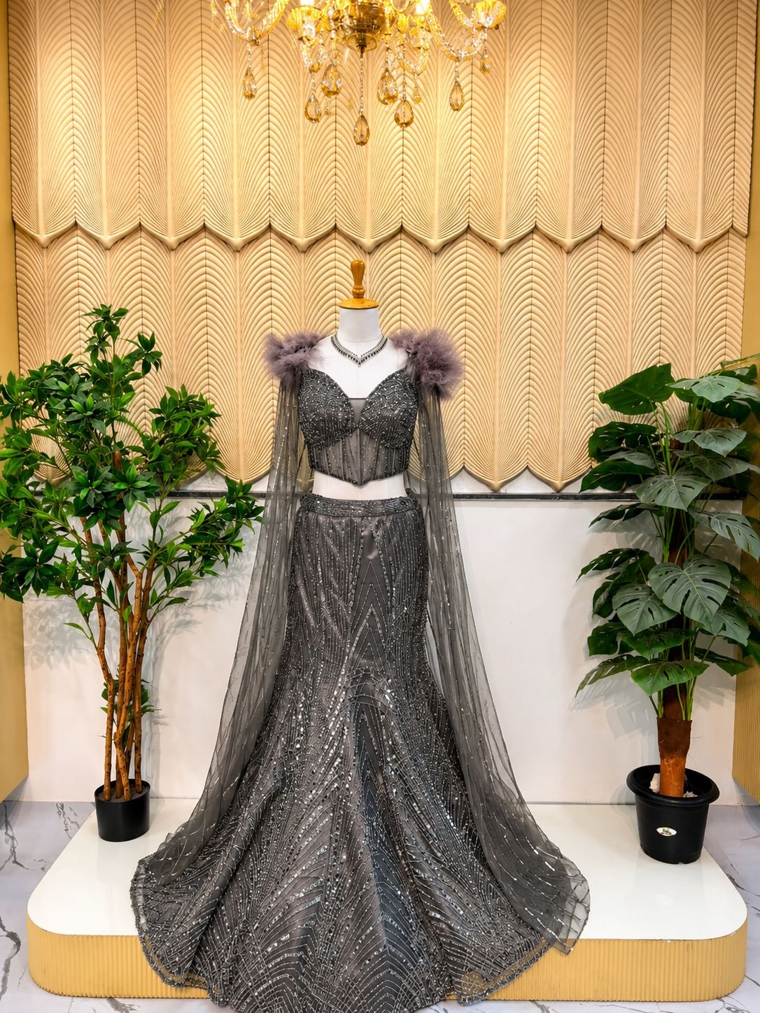 Grey Fishcut Lehenga