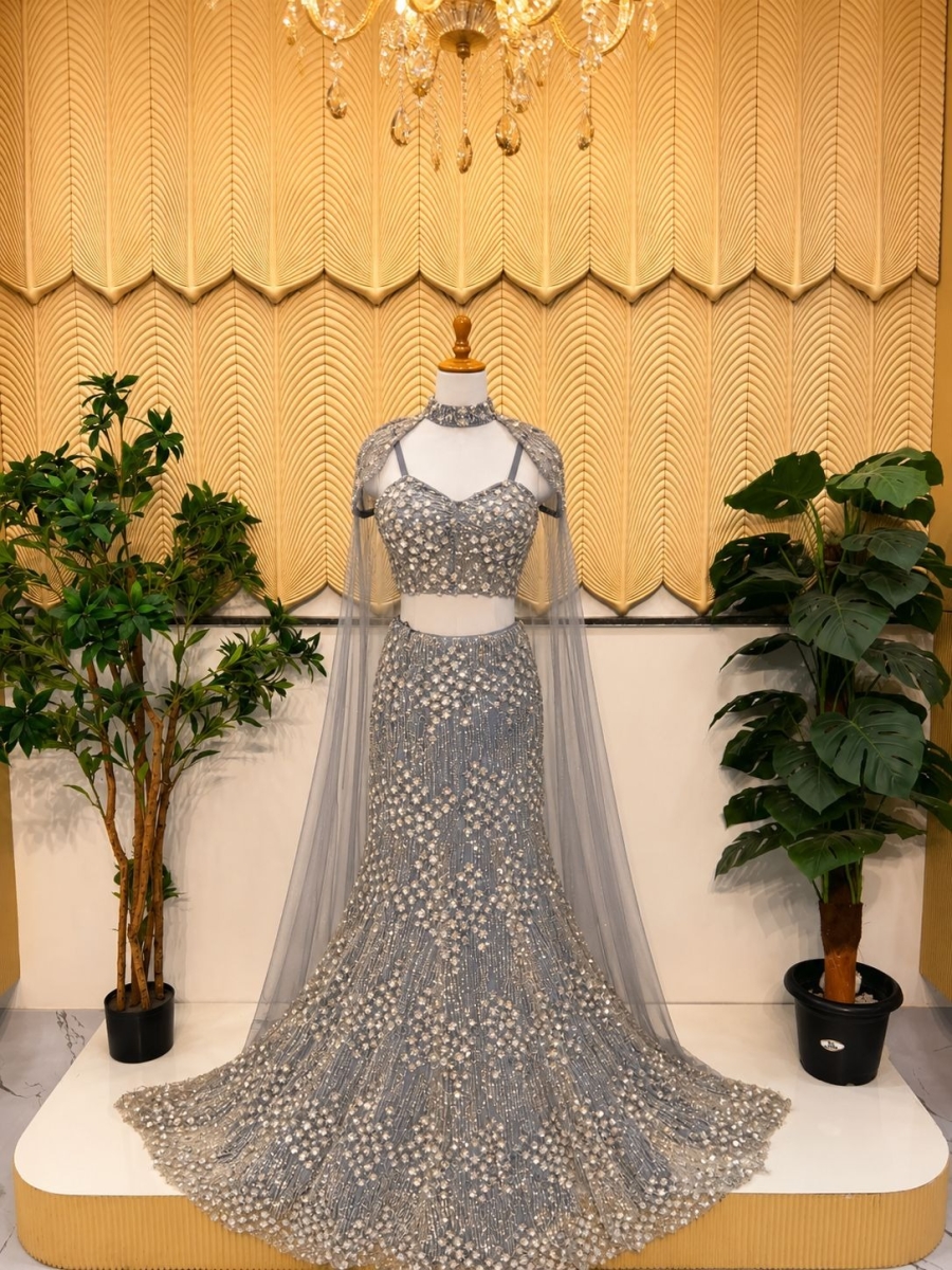 Grey Fishcut Lehenga