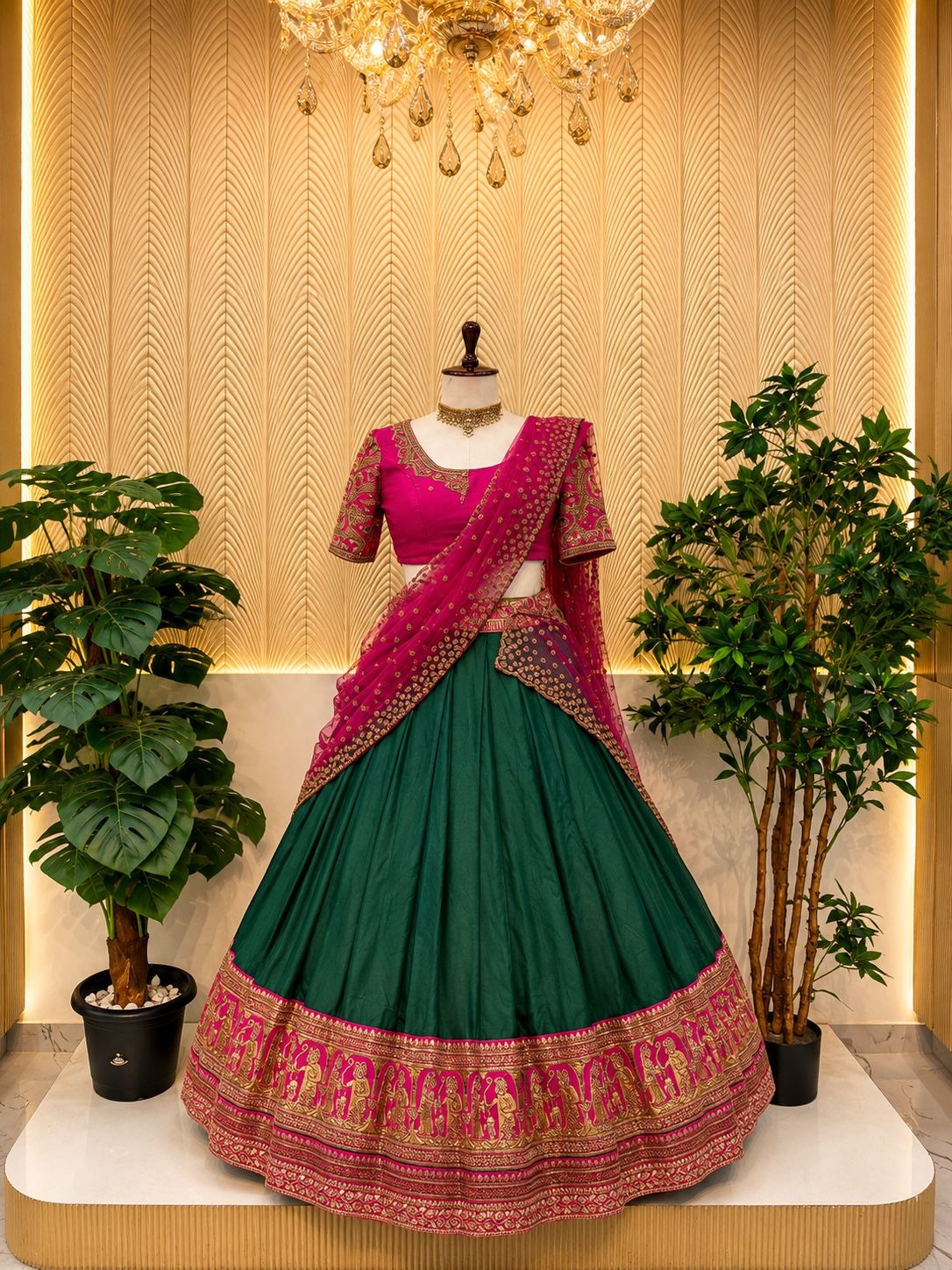 Green and pink south indian lehenga 