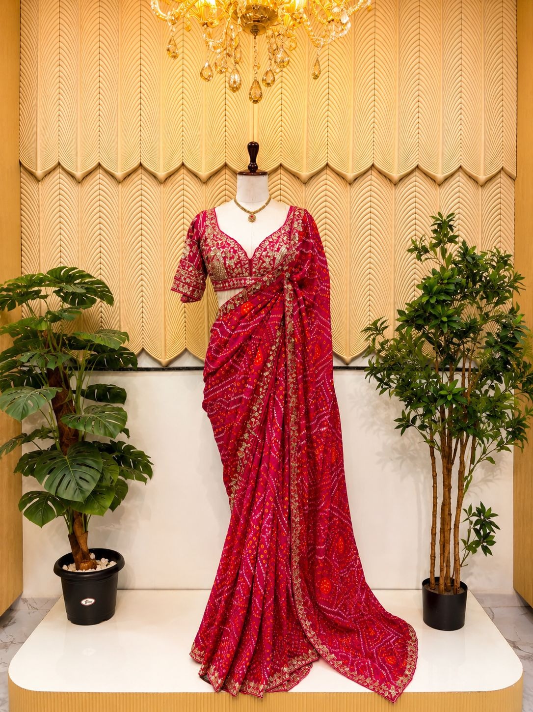 Pink bandhni handwork saree