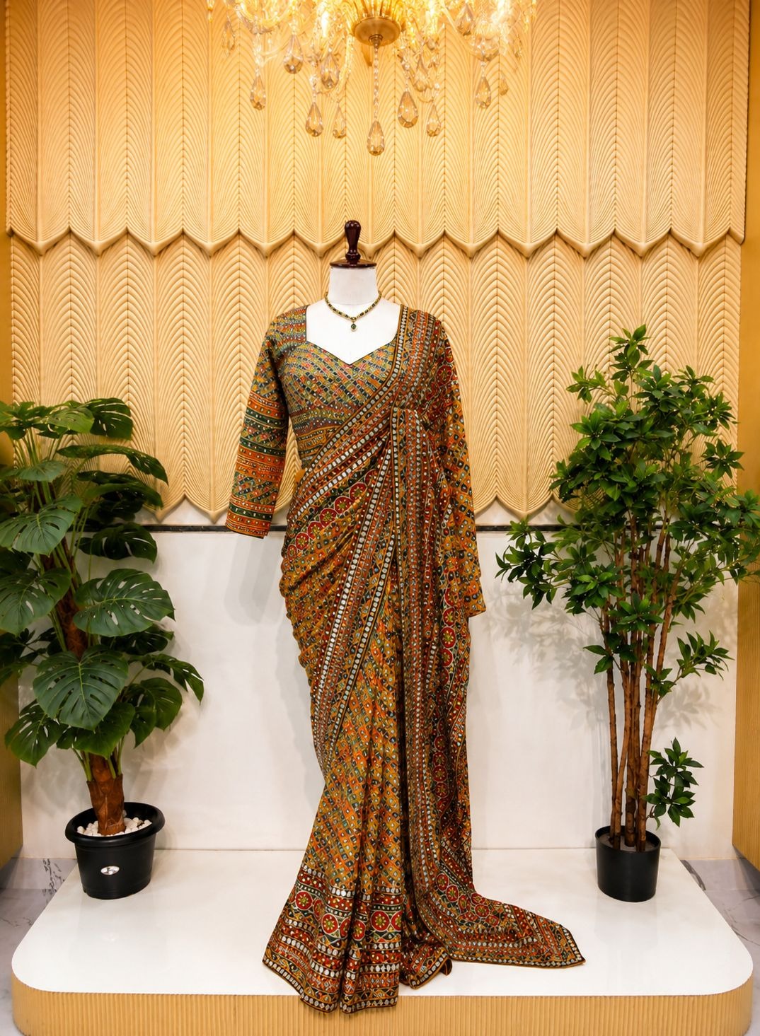 Pashmina work multicolor musturd saree