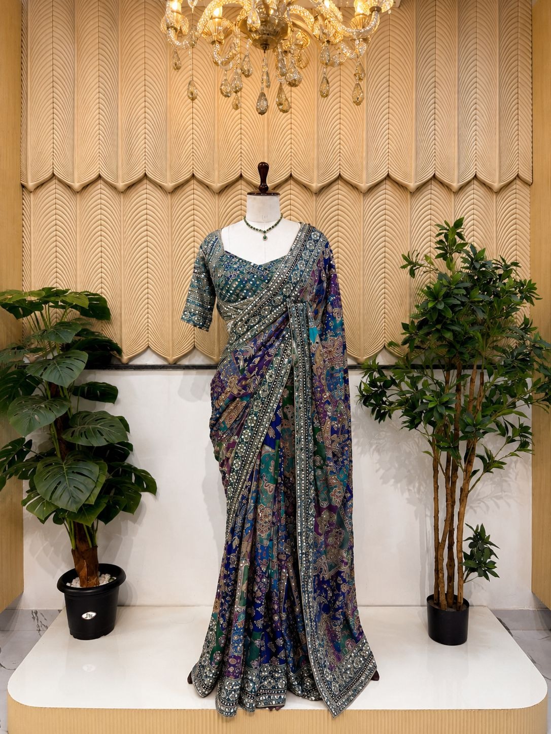 Purple-blue pashmina saree