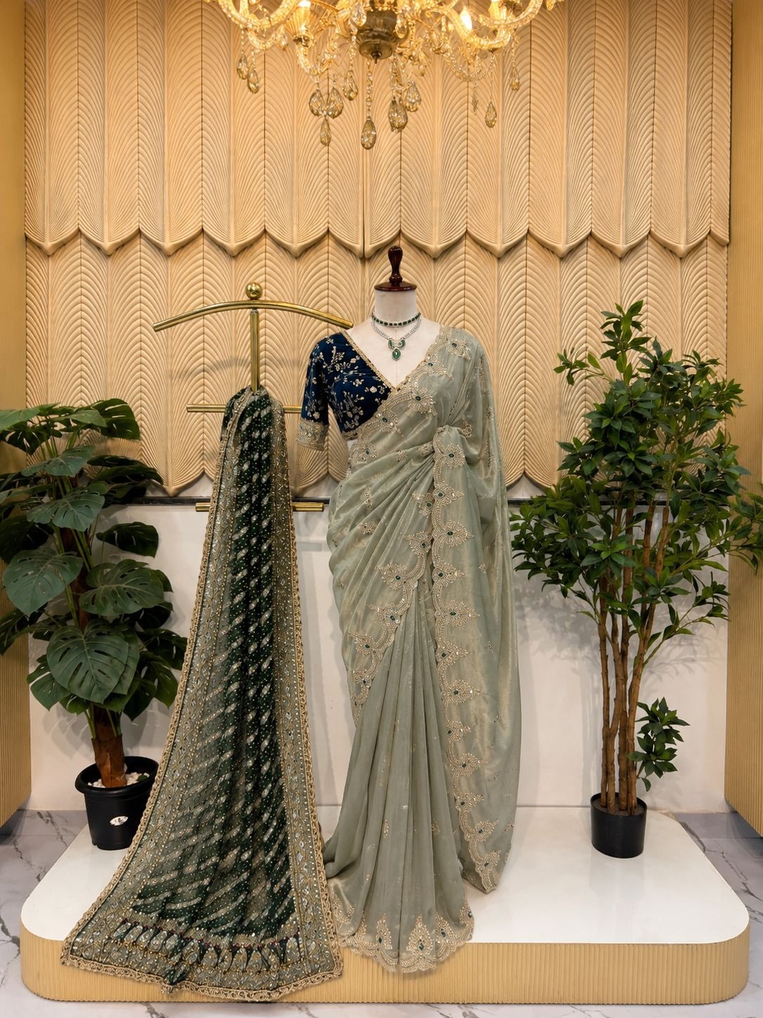 Pista handwork saree