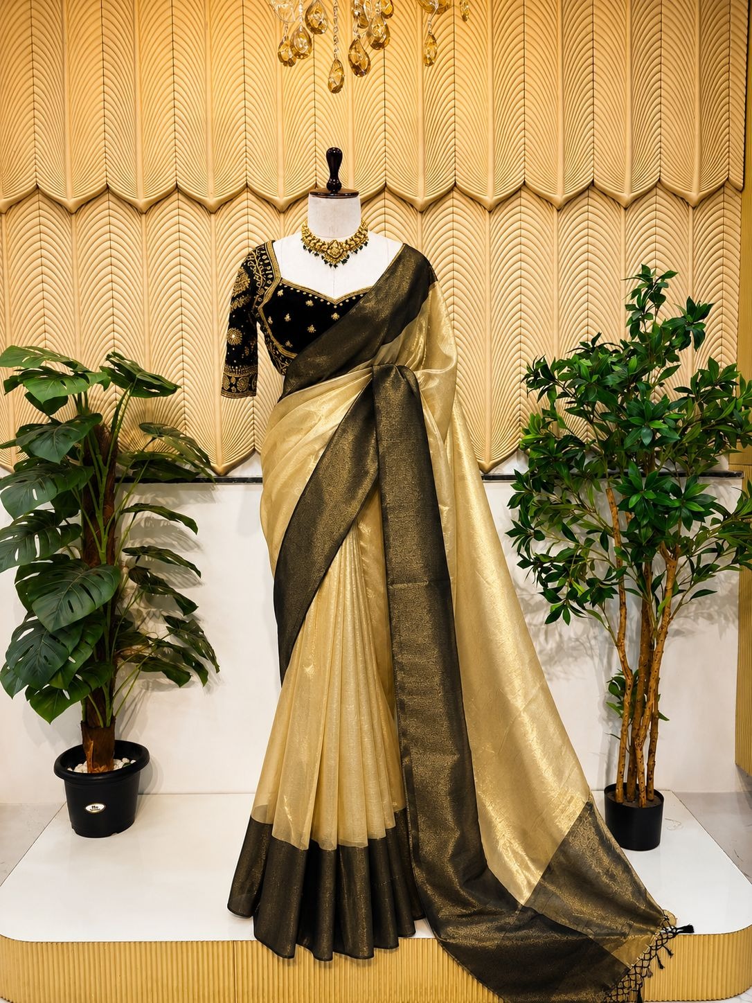 Golden And Black tissue saree 