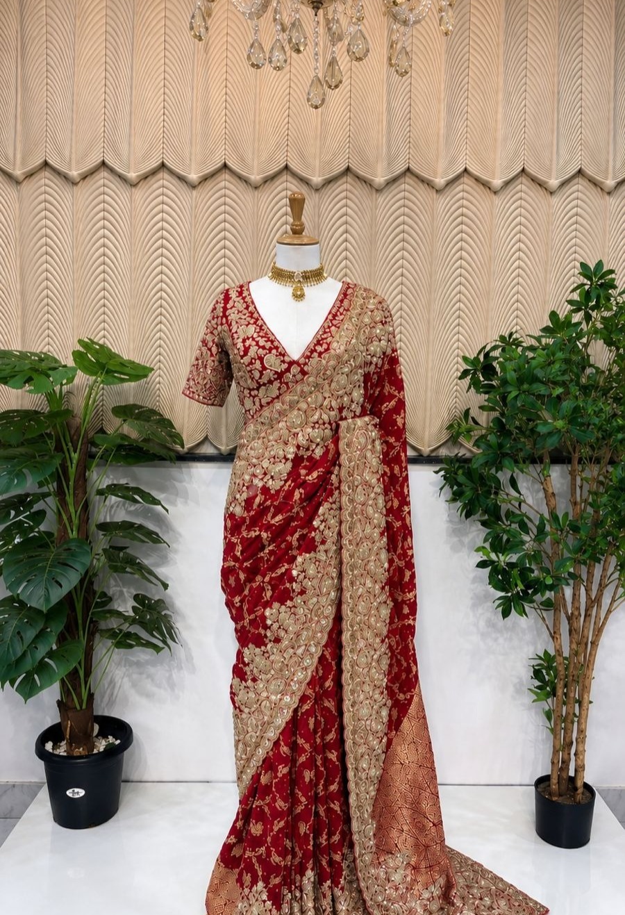 Red handwork saree 