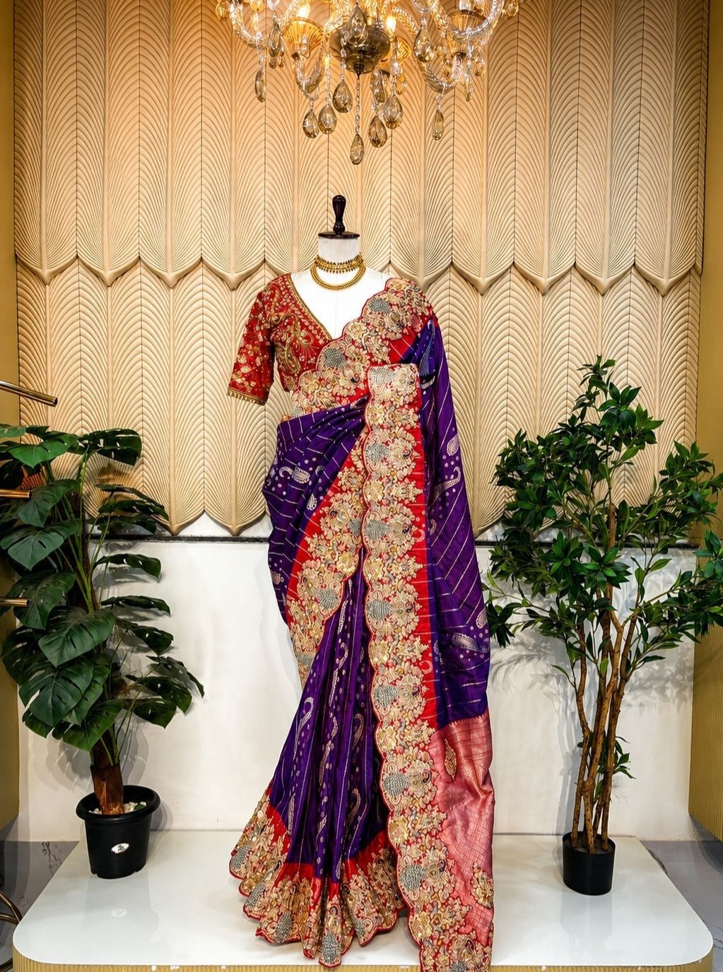 Purple and red Handwork Saree